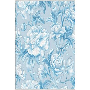 Pamuk Tabanlı Kaymaz Halı – Mavi; Beyaz – Floral Desen, Makinede Yıkanabilir, Kolay Temizlenebilir, Toz Ve Tüy Tutmaz, Evcil Hayvan Dostu 150x300 cm