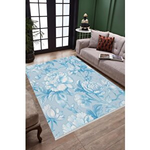 Pamuk Tabanlı Kaymaz Halı – Mavi; Beyaz – Floral Desen, Makinede Yıkanabilir, Kolay Temizlenebilir, Toz Ve Tüy Tutmaz, Evcil Hayvan Dostu 150x300 cm
