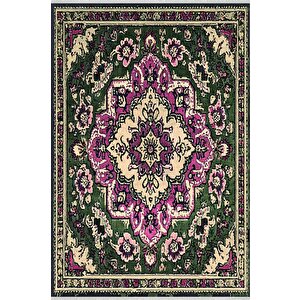 Pamuk Tabanlı Kaymaz Halı – Yeşil; Mor; Bej – Oriental Desen, Pamuk Dokuma Taban, Makinede Yıkanabilir, Kolay Temizlenebilir, Toz Ve Tüy Tutmaz, Kaymaz, Evcil Hayvan Dostu 150x150 cm