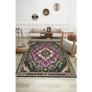 Pamuk Tabanlı Kaymaz Halı – Yeşil; Mor; Bej – Oriental Desen, Pamuk Dokuma Taban, Makinede Yıkanabilir, Kolay Temizlenebilir, Toz Ve Tüy Tutmaz, Kaymaz, Evcil Hayvan Dostu 150x150 cm