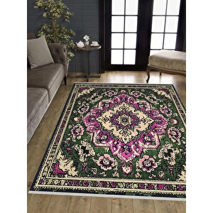 Pamuk Tabanlı Kaymaz Halı – Yeşil; Mor; Bej – Oriental Desen, Pamuk Dokuma Taban, Makinede Yıkanabilir, Kolay Temizlenebilir, Toz Ve Tüy Tutmaz, Kaymaz, Evcil Hayvan Dostu 150x150 cm