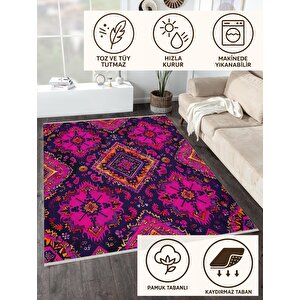 Pamuk Tabanlı Kaymaz Halı – Pembe; Mor; Turuncu – Oriental Desen, Makinede Yıkanabilir, Kolay Temizlenebilir, Toz Ve Tüy Tutmaz, Evcil Hayvan Dostu