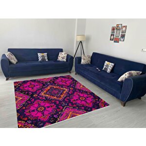 Pamuk Tabanlı Kaymaz Halı – Pembe; Mor; Turuncu – Oriental Desen, Makinede Yıkanabilir, Kolay Temizlenebilir, Toz Ve Tüy Tutmaz, Evcil Hayvan Dostu