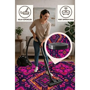 Pamuk Tabanlı Kaymaz Halı – Pembe; Mor; Turuncu – Oriental Desen, Makinede Yıkanabilir, Kolay Temizlenebilir, Toz Ve Tüy Tutmaz, Evcil Hayvan Dostu