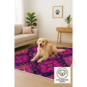 Pamuk Tabanlı Kaymaz Halı – Pembe; Mor; Turuncu – Oriental Desen, Makinede Yıkanabilir, Kolay Temizlenebilir, Toz Ve Tüy Tutmaz, Evcil Hayvan Dostu