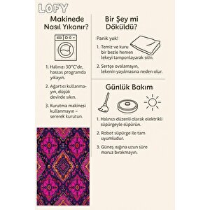 Pamuk Tabanlı Kaymaz Halı – Pembe; Mor; Turuncu – Oriental Desen, Makinede Yıkanabilir, Kolay Temizlenebilir, Toz Ve Tüy Tutmaz, Evcil Hayvan Dostu