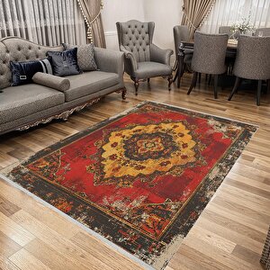 Pamuk Tabanlı Kaymaz Halı – Kırmızı; Sarı; Siyah – Oriental Desen, Makinede Yıkanabilir, Kolay Temizlenebilir, Toz Ve Tüy Tutmaz, Evcil Hayvan Dostu 200x350 cm