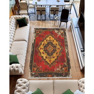 Pamuk Tabanlı Kaymaz Halı – Kırmızı; Sarı; Siyah – Oriental Desen, Makinede Yıkanabilir, Kolay Temizlenebilir, Toz Ve Tüy Tutmaz, Evcil Hayvan Dostu 200x350 cm