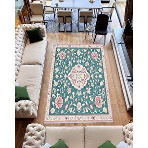 Pamuk Tabanlı Kaymaz Halı – Yeşil; Pembe; Krem – Floral Desen, Makinede Yıkanabilir, Kolay Temizlenebilir, Toz Ve Tüy Tutmaz, Evcil Hayvan Dostu 80x80 cm