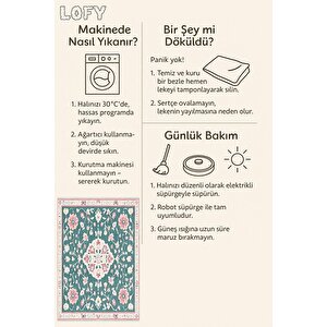 Pamuk Tabanlı Kaymaz Halı – Yeşil; Pembe; Krem – Floral Desen, Makinede Yıkanabilir, Kolay Temizlenebilir, Toz Ve Tüy Tutmaz, Evcil Hayvan Dostu