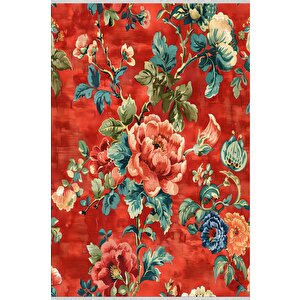 Pamuk Tabanlı Kaymaz Halı – Kırmızı; Mavi; Yeşil; Turuncu; Sarı – Floral Desen, Makinede Yıkanabilir, Kolay Temizlenebilir, Toz Ve Tüy Tutmaz, Evcil Hayvan Dostu 80x80 cm