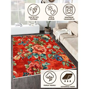 Pamuk Tabanlı Kaymaz Halı – Kırmızı; Mavi; Yeşil; Turuncu; Sarı – Floral Desen, Makinede Yıkanabilir, Kolay Temizlenebilir, Toz Ve Tüy Tutmaz, Evcil Hayvan Dostu 80x80 cm