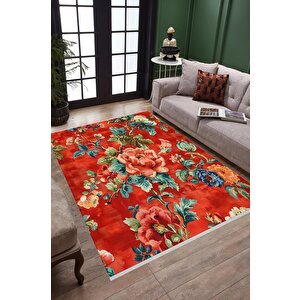 Pamuk Tabanlı Kaymaz Halı – Kırmızı; Mavi; Yeşil; Turuncu; Sarı – Floral Desen, Makinede Yıkanabilir, Kolay Temizlenebilir, Toz Ve Tüy Tutmaz, Evcil Hayvan Dostu 80x80 cm