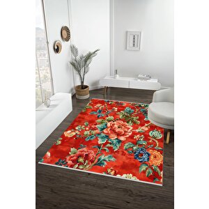 Pamuk Tabanlı Kaymaz Halı – Kırmızı; Mavi; Yeşil; Turuncu; Sarı – Floral Desen, Makinede Yıkanabilir, Kolay Temizlenebilir, Toz Ve Tüy Tutmaz, Evcil Hayvan Dostu