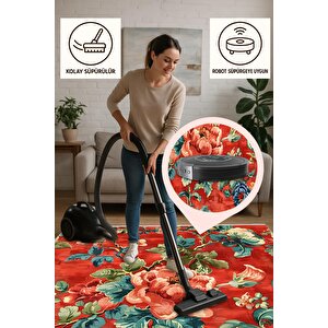 Pamuk Tabanlı Kaymaz Halı – Kırmızı; Mavi; Yeşil; Turuncu; Sarı – Floral Desen, Makinede Yıkanabilir, Kolay Temizlenebilir, Toz Ve Tüy Tutmaz, Evcil Hayvan Dostu