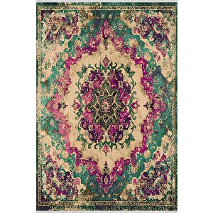 Pamuk Tabanlı Kaymaz Halı – Yeşil; Mor; Krem – Oriental Desen, Pamuk Dokuma Taban, Makinede Yıkanabilir, Kolay Temizlenebilir, Toz Ve Tüy Tutmaz, Kaymaz, Evcil Hayvan Dostu 120x270 cm