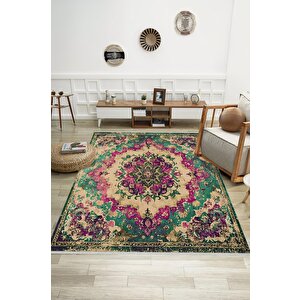 Pamuk Tabanlı Kaymaz Halı – Yeşil; Mor; Krem – Oriental Desen, Pamuk Dokuma Taban, Makinede Yıkanabilir, Kolay Temizlenebilir, Toz Ve Tüy Tutmaz, Kaymaz, Evcil Hayvan Dostu 120x270 cm
