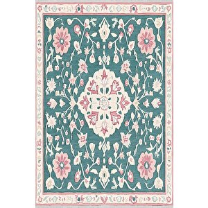 Pamuk Tabanlı Kaymaz Halı – Yeşil; Pembe; Krem – Floral Desen, Makinede Yıkanabilir, Kolay Temizlenebilir, Toz Ve Tüy Tutmaz, Evcil Hayvan Dostu 80x150 cm