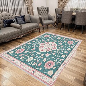 Pamuk Tabanlı Kaymaz Halı – Yeşil; Pembe; Krem – Floral Desen, Makinede Yıkanabilir, Kolay Temizlenebilir, Toz Ve Tüy Tutmaz, Evcil Hayvan Dostu 80x150 cm