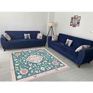 Pamuk Tabanlı Kaymaz Halı – Yeşil; Pembe; Krem – Floral Desen, Makinede Yıkanabilir, Kolay Temizlenebilir, Toz Ve Tüy Tutmaz, Evcil Hayvan Dostu