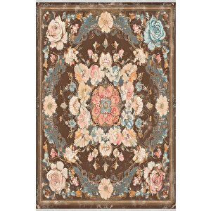 Pamuk Tabanlı Kaymaz Halı – Kahverengi; Pembe; Mavi; Bej – Floral Desen, Makinede Yıkanabilir, Kolay Temizlenebilir, Toz Ve Tüy Tutmaz, Evcil Hayvan Dostu 100x180 cm