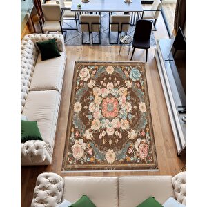 Pamuk Tabanlı Kaymaz Halı – Kahverengi; Pembe; Mavi; Bej – Floral Desen, Makinede Yıkanabilir, Kolay Temizlenebilir, Toz Ve Tüy Tutmaz, Evcil Hayvan Dostu 100x180 cm