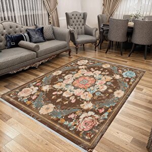 Pamuk Tabanlı Kaymaz Halı – Kahverengi; Pembe; Mavi; Bej – Floral Desen, Makinede Yıkanabilir, Kolay Temizlenebilir, Toz Ve Tüy Tutmaz, Evcil Hayvan Dostu 100x180 cm