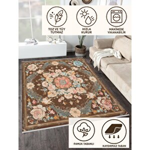 Pamuk Tabanlı Kaymaz Halı – Kahverengi; Pembe; Mavi; Bej – Floral Desen, Makinede Yıkanabilir, Kolay Temizlenebilir, Toz Ve Tüy Tutmaz, Evcil Hayvan Dostu