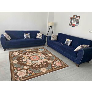 Pamuk Tabanlı Kaymaz Halı – Kahverengi; Pembe; Mavi; Bej – Floral Desen, Makinede Yıkanabilir, Kolay Temizlenebilir, Toz Ve Tüy Tutmaz, Evcil Hayvan Dostu