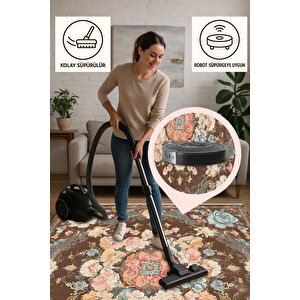 Pamuk Tabanlı Kaymaz Halı – Kahverengi; Pembe; Mavi; Bej – Floral Desen, Makinede Yıkanabilir, Kolay Temizlenebilir, Toz Ve Tüy Tutmaz, Evcil Hayvan Dostu