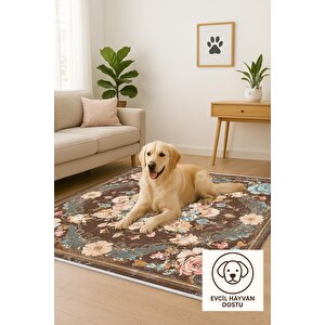 Pamuk Tabanlı Kaymaz Halı – Kahverengi; Pembe; Mavi; Bej – Floral Desen, Makinede Yıkanabilir, Kolay Temizlenebilir, Toz Ve Tüy Tutmaz, Evcil Hayvan Dostu