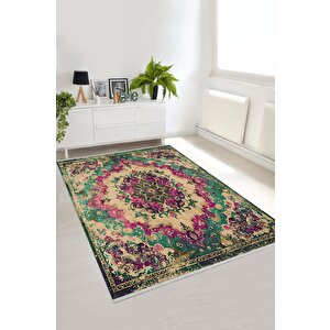 Pamuk Tabanlı Kaymaz Halı – Yeşil; Mor; Krem – Oriental Desen, Pamuk Dokuma Taban, Makinede Yıkanabilir, Kolay Temizlenebilir, Toz Ve Tüy Tutmaz, Kaymaz, Evcil Hayvan Dostu