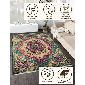 Pamuk Tabanlı Kaymaz Halı – Yeşil; Mor; Krem – Oriental Desen, Pamuk Dokuma Taban, Makinede Yıkanabilir, Kolay Temizlenebilir, Toz Ve Tüy Tutmaz, Kaymaz, Evcil Hayvan Dostu
