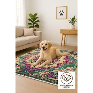 Pamuk Tabanlı Kaymaz Halı – Yeşil; Mor; Krem – Oriental Desen, Pamuk Dokuma Taban, Makinede Yıkanabilir, Kolay Temizlenebilir, Toz Ve Tüy Tutmaz, Kaymaz, Evcil Hayvan Dostu