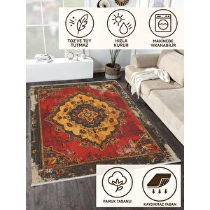 Pamuk Tabanlı Kaymaz Halı – Kırmızı; Sarı; Siyah – Oriental Desen, Makinede Yıkanabilir, Kolay Temizlenebilir, Toz Ve Tüy Tutmaz, Evcil Hayvan Dostu