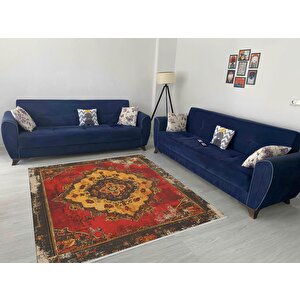 Pamuk Tabanlı Kaymaz Halı – Kırmızı; Sarı; Siyah – Oriental Desen, Makinede Yıkanabilir, Kolay Temizlenebilir, Toz Ve Tüy Tutmaz, Evcil Hayvan Dostu