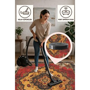 Pamuk Tabanlı Kaymaz Halı – Kırmızı; Sarı; Siyah – Oriental Desen, Makinede Yıkanabilir, Kolay Temizlenebilir, Toz Ve Tüy Tutmaz, Evcil Hayvan Dostu