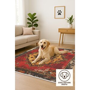 Pamuk Tabanlı Kaymaz Halı – Kırmızı; Sarı; Siyah – Oriental Desen, Makinede Yıkanabilir, Kolay Temizlenebilir, Toz Ve Tüy Tutmaz, Evcil Hayvan Dostu