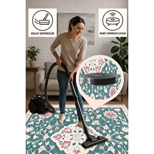 Pamuk Tabanlı Kaymaz Halı – Yeşil; Pembe; Krem – Floral Desen, Makinede Yıkanabilir, Kolay Temizlenebilir, Toz Ve Tüy Tutmaz, Evcil Hayvan Dostu