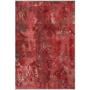 Pamuk Tabanlı Kaymaz Halı – Kırmızı; Bej – Damask Desen, Makinede Yıkanabilir, Kolay Temizlenebilir, Toz Ve Tüy Tutmaz, Evcil Hayvan Dostu 150x150 cm