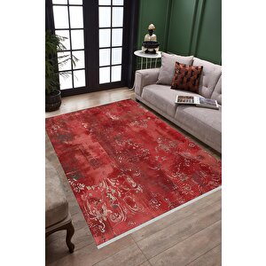 Pamuk Tabanlı Kaymaz Halı – Kırmızı; Bej – Damask Desen, Makinede Yıkanabilir, Kolay Temizlenebilir, Toz Ve Tüy Tutmaz, Evcil Hayvan Dostu 150x150 cm