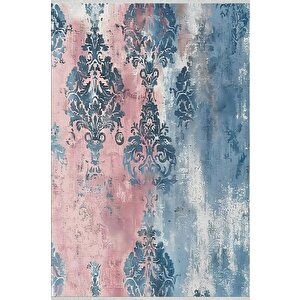 Pamuk Tabanlı Kaymaz Halı – Pembe; Mavi; Beyaz – Damask Desen, Makinede Yıkanabilir, Kolay Temizlenebilir, Toz Ve Tüy Tutmaz, Evcil Hayvan Dostu 150x150 cm