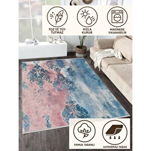 Pamuk Tabanlı Kaymaz Halı – Pembe; Mavi; Beyaz – Damask Desen, Makinede Yıkanabilir, Kolay Temizlenebilir, Toz Ve Tüy Tutmaz, Evcil Hayvan Dostu 150x150 cm