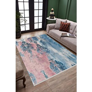 Pamuk Tabanlı Kaymaz Halı – Pembe; Mavi; Beyaz – Damask Desen, Makinede Yıkanabilir, Kolay Temizlenebilir, Toz Ve Tüy Tutmaz, Evcil Hayvan Dostu 150x150 cm