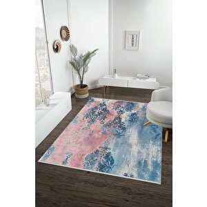 Pamuk Tabanlı Kaymaz Halı – Pembe; Mavi; Beyaz – Damask Desen, Makinede Yıkanabilir, Kolay Temizlenebilir, Toz Ve Tüy Tutmaz, Evcil Hayvan Dostu