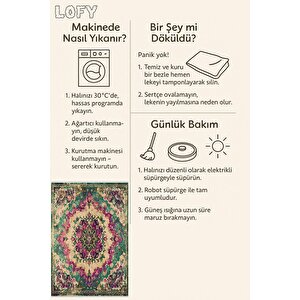 Pamuk Tabanlı Kaymaz Halı – Yeşil; Mor; Krem – Oriental Desen, Pamuk Dokuma Taban, Makinede Yıkanabilir, Kolay Temizlenebilir, Toz Ve Tüy Tutmaz, Kaymaz, Evcil Hayvan Dostu