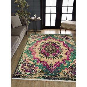 Pamuk Tabanlı Kaymaz Halı – Yeşil; Mor; Krem – Oriental Desen, Pamuk Dokuma Taban, Makinede Yıkanabilir, Kolay Temizlenebilir, Toz Ve Tüy Tutmaz, Kaymaz, Evcil Hayvan Dostu 160x230 cm