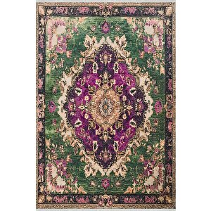 Pamuk Tabanlı Kaymaz Halı – Yeşil; Mor; Krem – Oriental Desen, Pamuk Dokuma Taban, Makinede Yıkanabilir, Kolay Temizlenebilir, Toz Ve Tüy Tutmaz, Kaymaz, Evcil Hayvan Dostu 200x350 cm