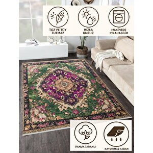 Pamuk Tabanlı Kaymaz Halı – Yeşil; Mor; Krem – Oriental Desen, Pamuk Dokuma Taban, Makinede Yıkanabilir, Kolay Temizlenebilir, Toz Ve Tüy Tutmaz, Kaymaz, Evcil Hayvan Dostu