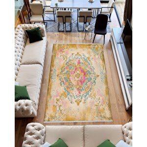 Pamuk Tabanlı Kaymaz Halı – Bej; Pembe; Sarı; Mavi – Oriental Desen, Makinede Yıkanabilir, Kolay Temizlenebilir, Toz Ve Tüy Tutmaz, Evcil Hayvan Dostu 120x270 cm